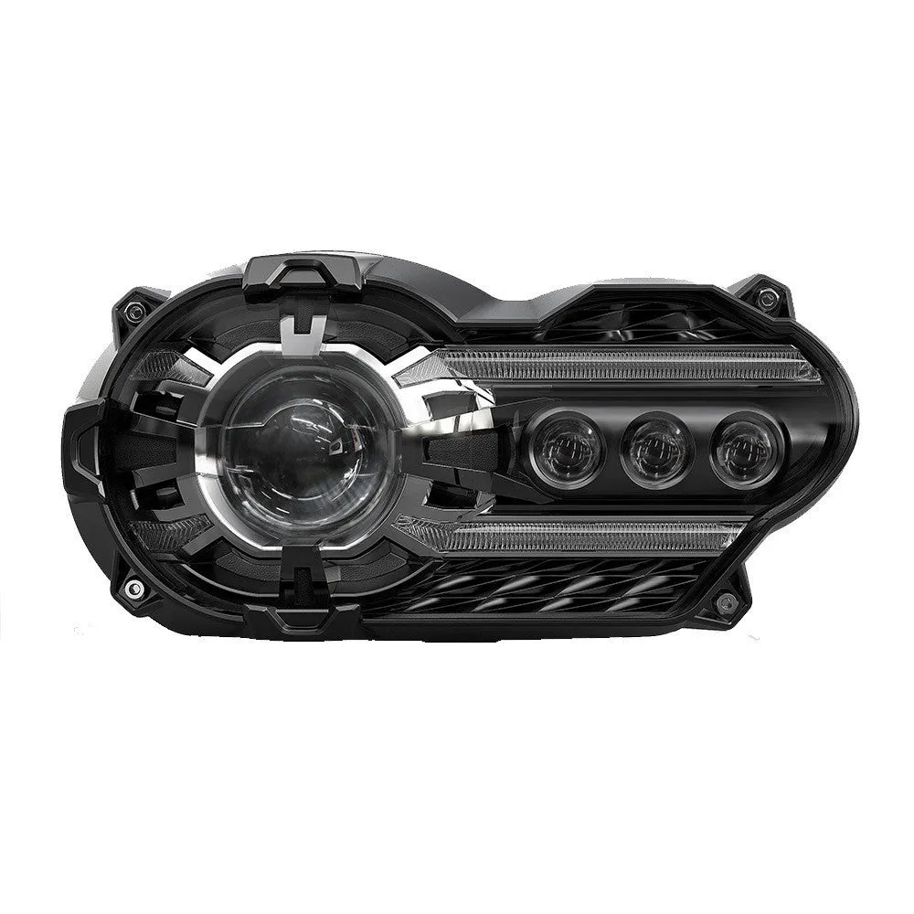 Black LED motorcycle headlight unit showing dimensions of 267mm width and 127mm height.