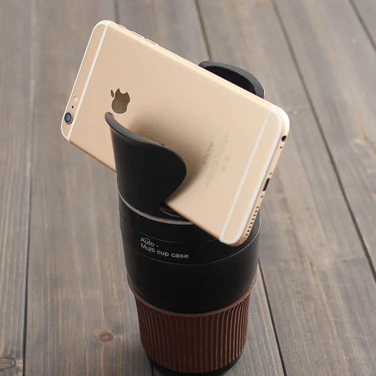 Car multifunctional cup holder and navigation mount organiser in black, brown, pink, green, or blue colours.