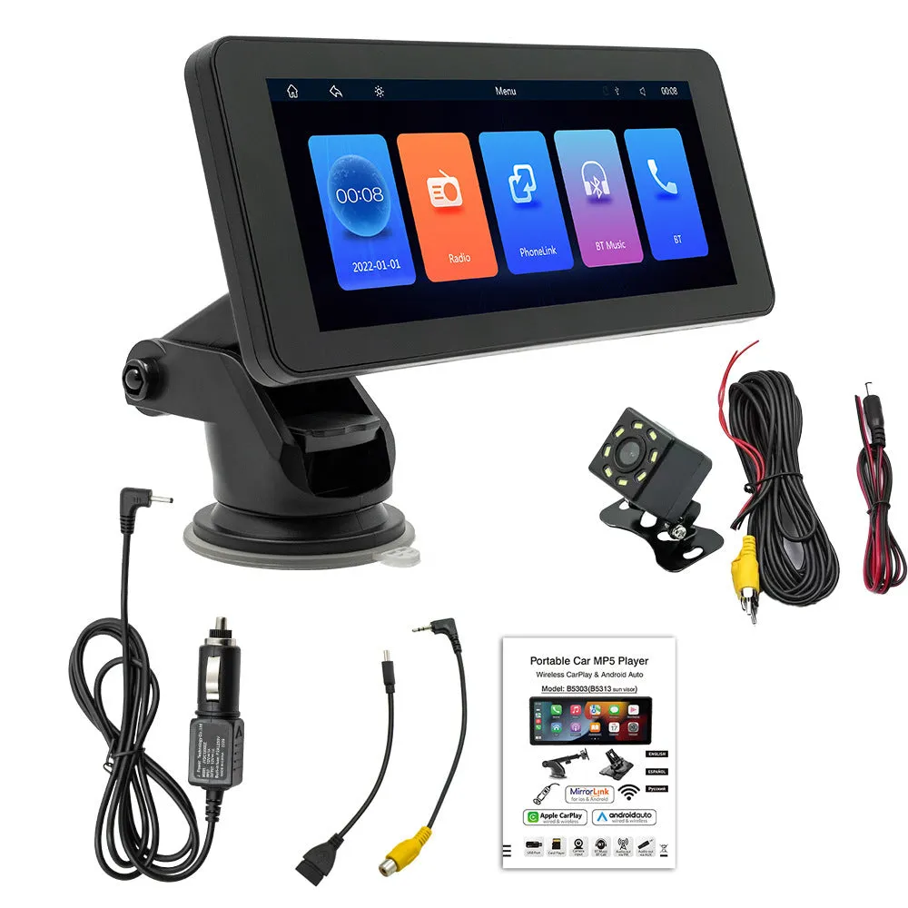 Portable wireless car-mounted video player with 6.86-inch IPS screen showing multimedia display