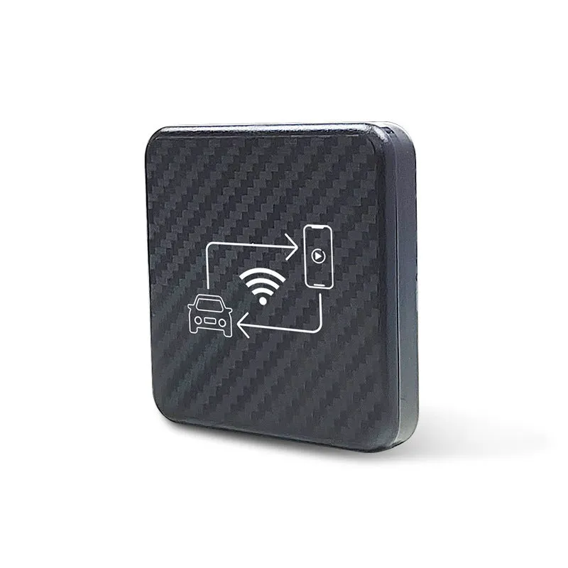 Wireless CarPlay and Android Auto adapter box in gold or white with USB connection