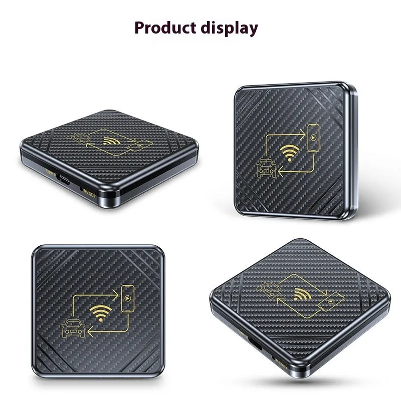 Wireless CarPlay and Android Auto adapter box in gold or white with USB connection