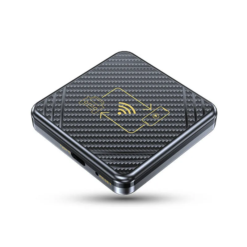 Wireless CarPlay and Android Auto adapter box in gold or white with USB connection