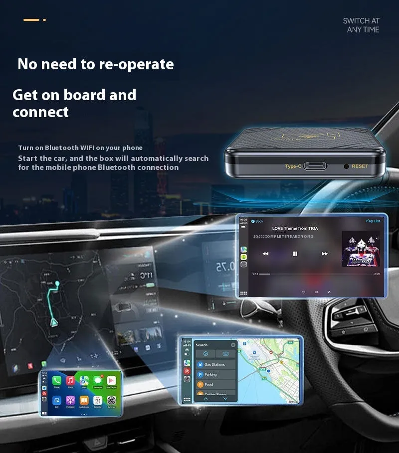 Wireless CarPlay and Android Auto adapter box in gold or white with USB connection