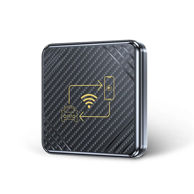 Wireless CarPlay and Android Auto adapter box in gold or white with USB connection