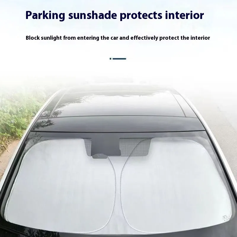 Aluminium foil car sunshade in titanium silver colour shown folded, with size options 140cmx70cm and 150cmx80cm.