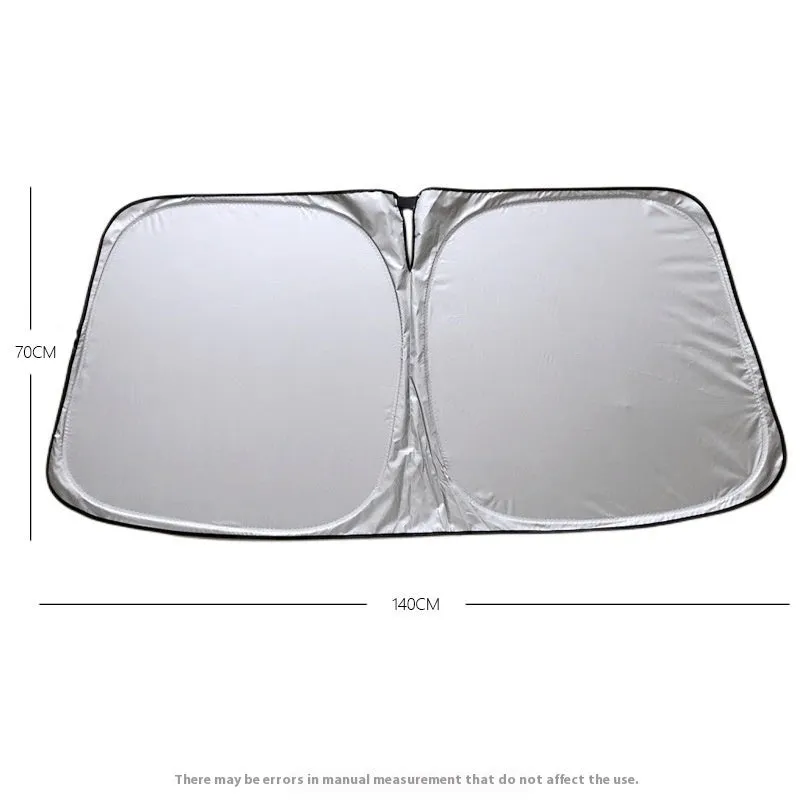 Aluminium foil car sunshade in titanium silver colour shown folded, with size options 140cmx70cm and 150cmx80cm.