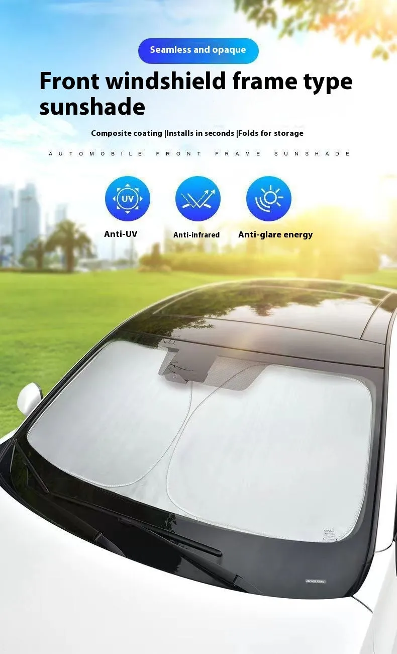 Aluminium foil car sunshade in titanium silver colour shown folded, with size options 140cmx70cm and 150cmx80cm.