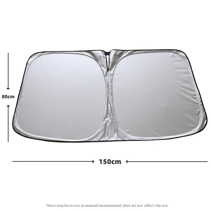 Aluminium foil car sunshade in titanium silver colour shown folded, with size options 140cmx70cm and 150cmx80cm.