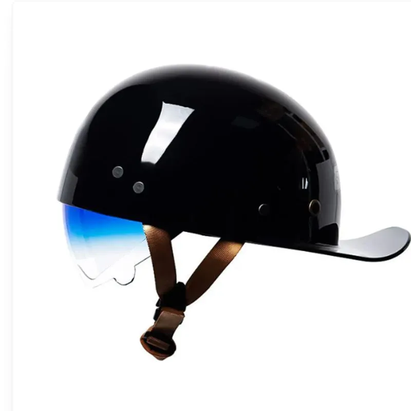 Men's retro half helmet for electric bicycles in bright black with a gradient blue tinted lens.