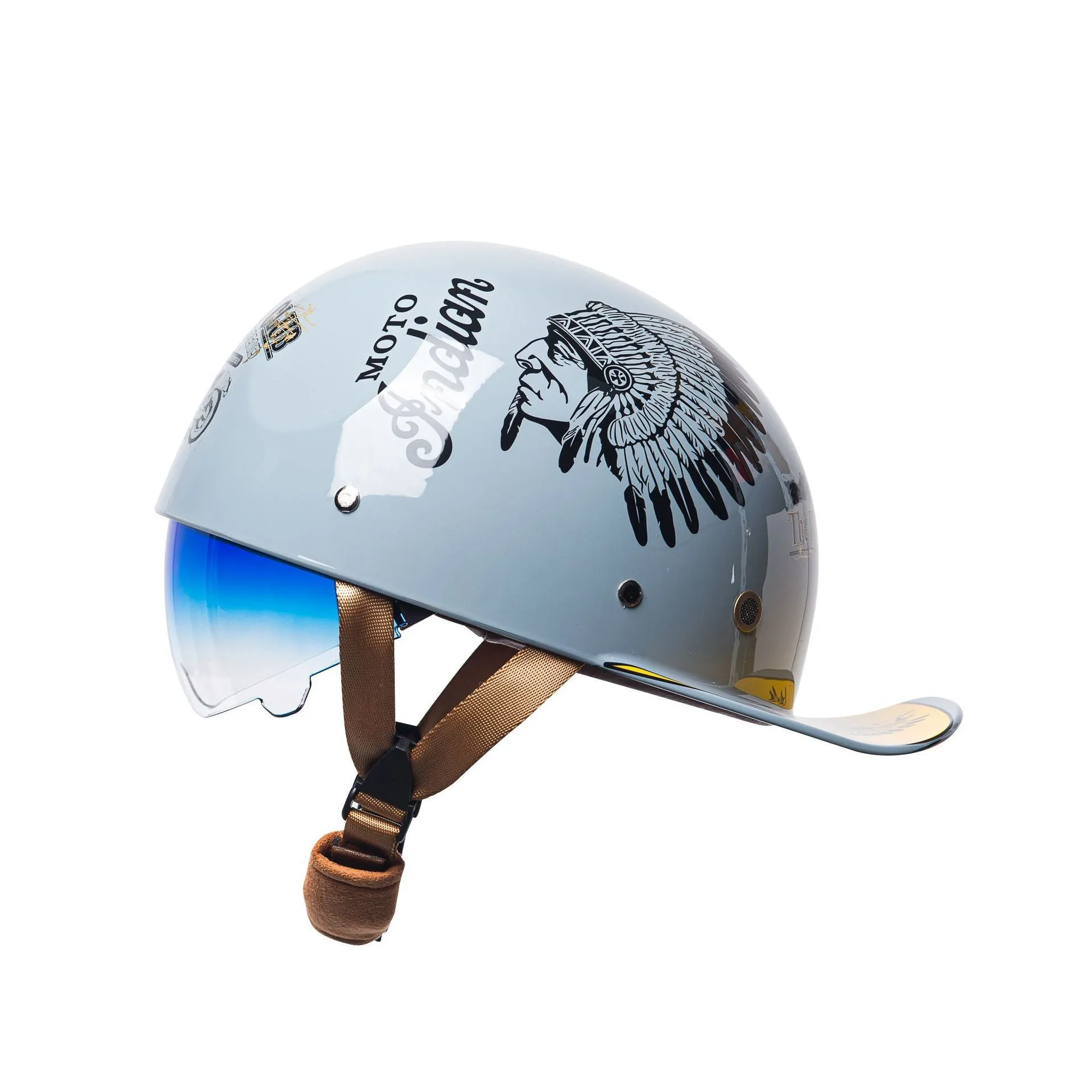 Men's retro half helmet for electric bicycles in bright black with a gradient blue tinted lens.