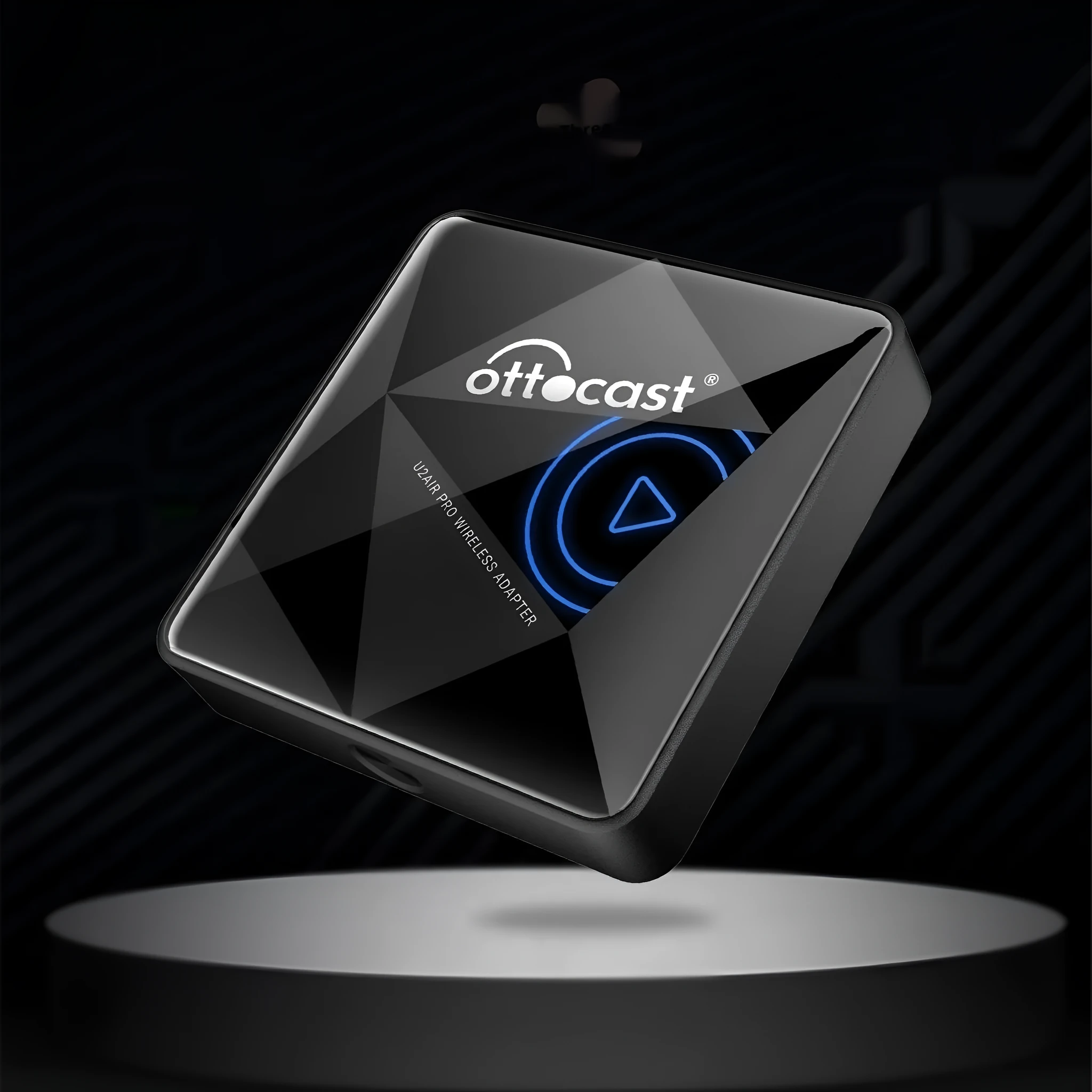 Black square Car Bluetooth AIBOX wireless adapter with Type-C port on a car dashboard.