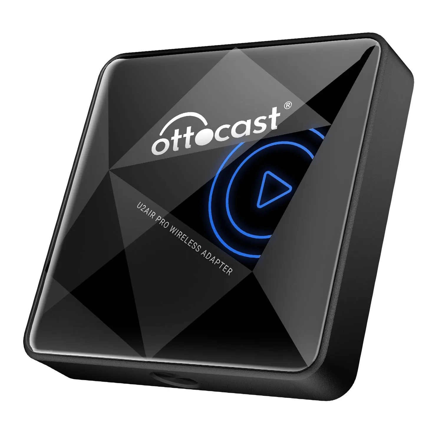 Black square Car Bluetooth AIBOX wireless adapter with Type-C port on a car dashboard.