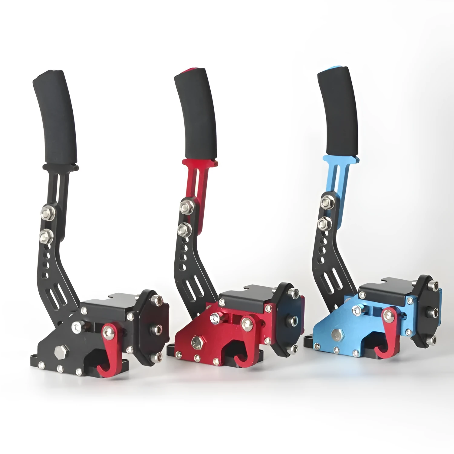 Linear handbrake accessory for G29 and T300 steering wheels in red, black, and blue colour options