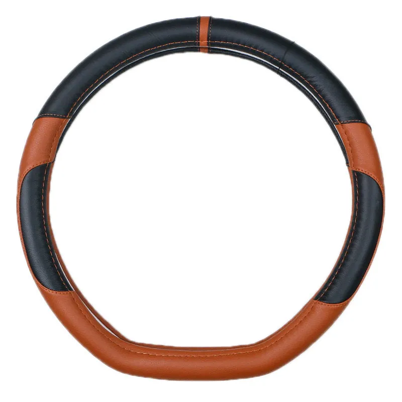 Leather steering wheel cover showing round and D-type styles in red, black, blue, and brown colours