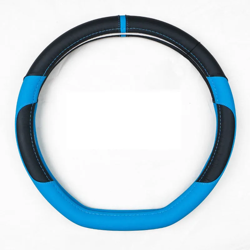 Leather steering wheel cover showing round and D-type styles in red, black, blue, and brown colours