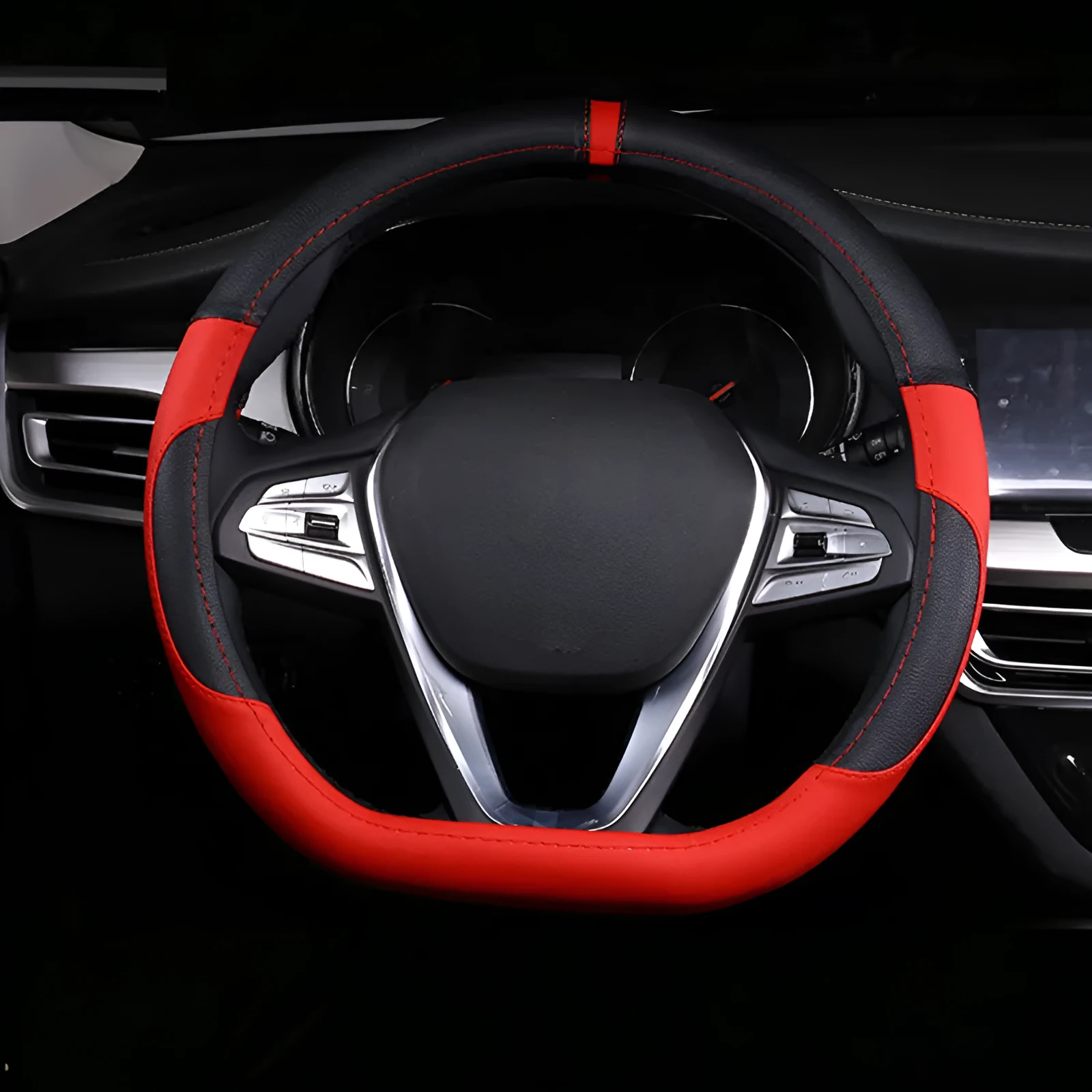 Leather steering wheel cover showing round and D-type styles in red, black, blue, and brown colours