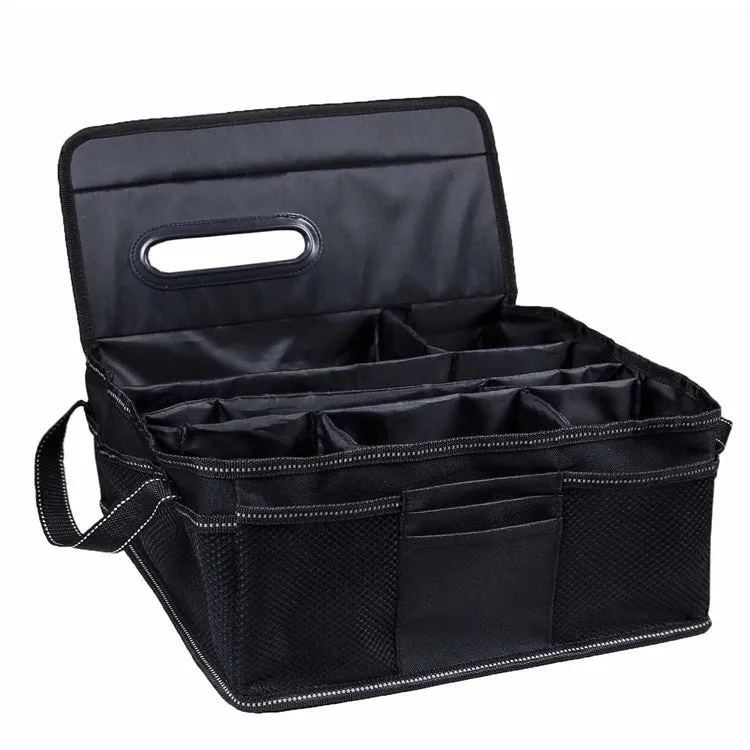 Black Oxford cloth car boot storage box with dimensions 33cm by 33cm by 16cm