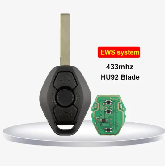 BMW EWS three-button straight remote key with ID44 transponder chip and HU58 blade.