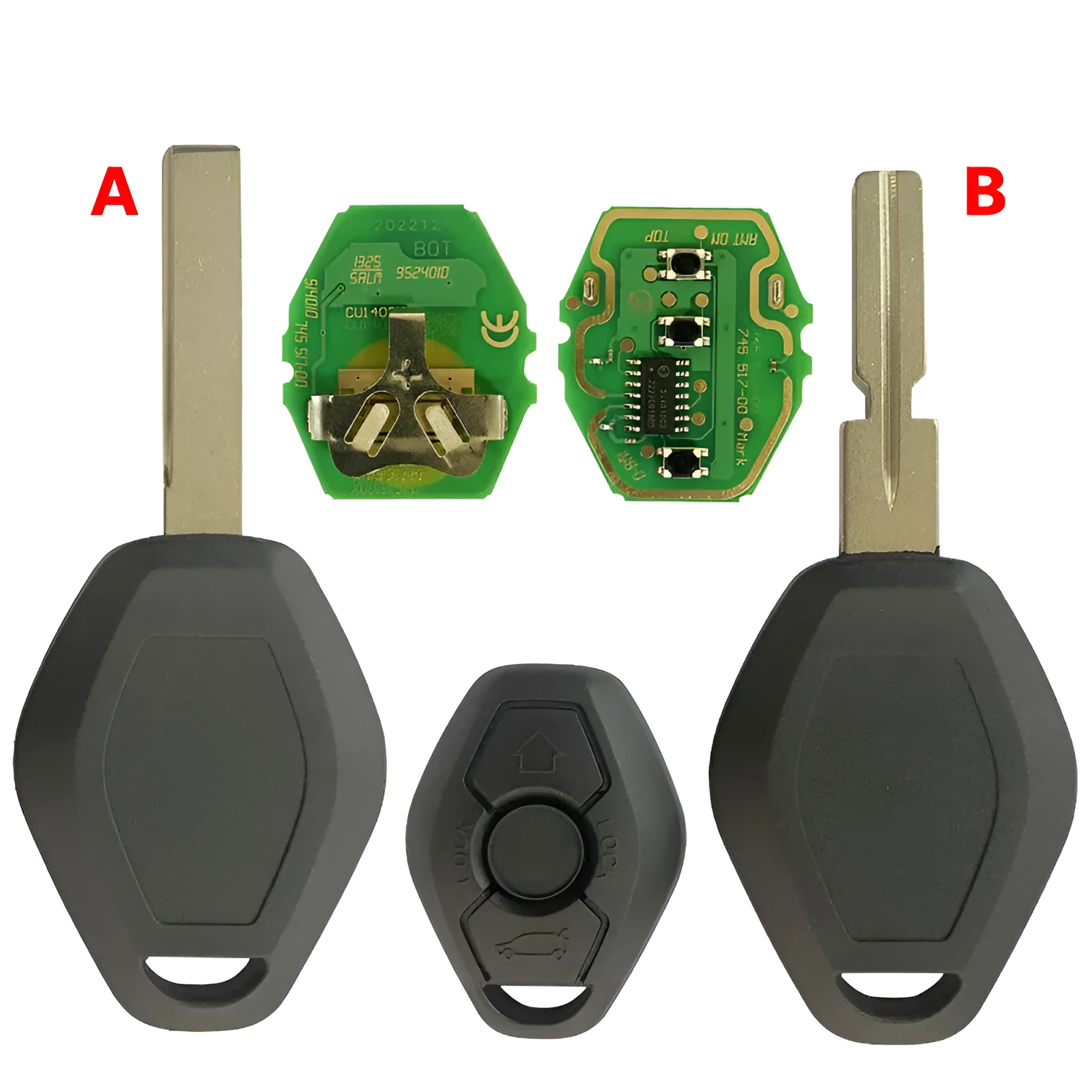 BMW EWS three-button straight remote key with ID44 transponder chip and HU58 blade.