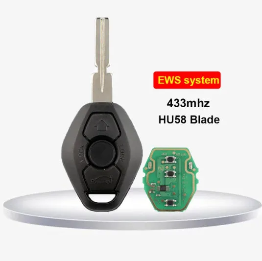 BMW EWS three-button straight remote key with ID44 transponder chip and HU58 blade.
