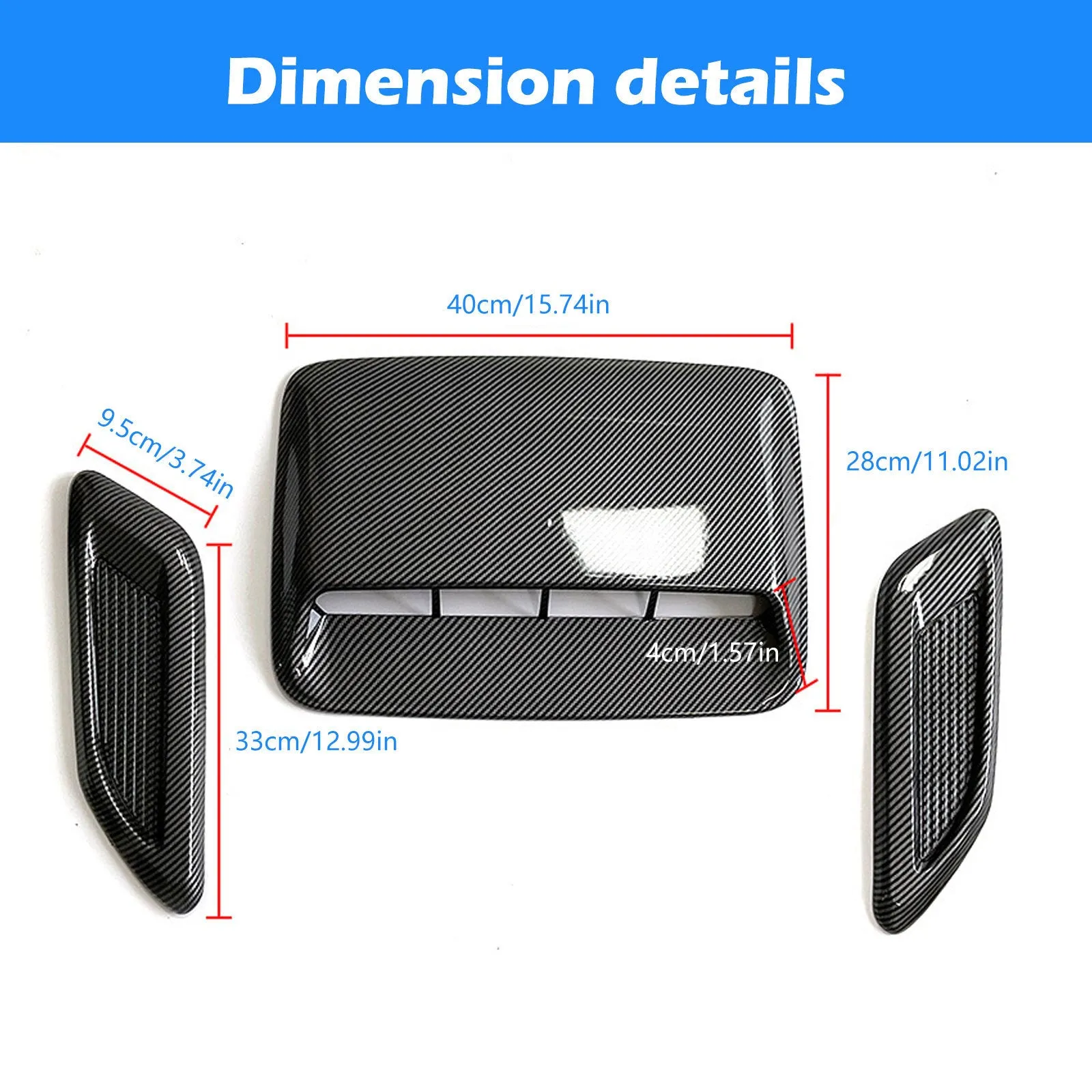 ABS plastic car engine cover and side air vent decorative shroud set in black and carbon fibre finishes