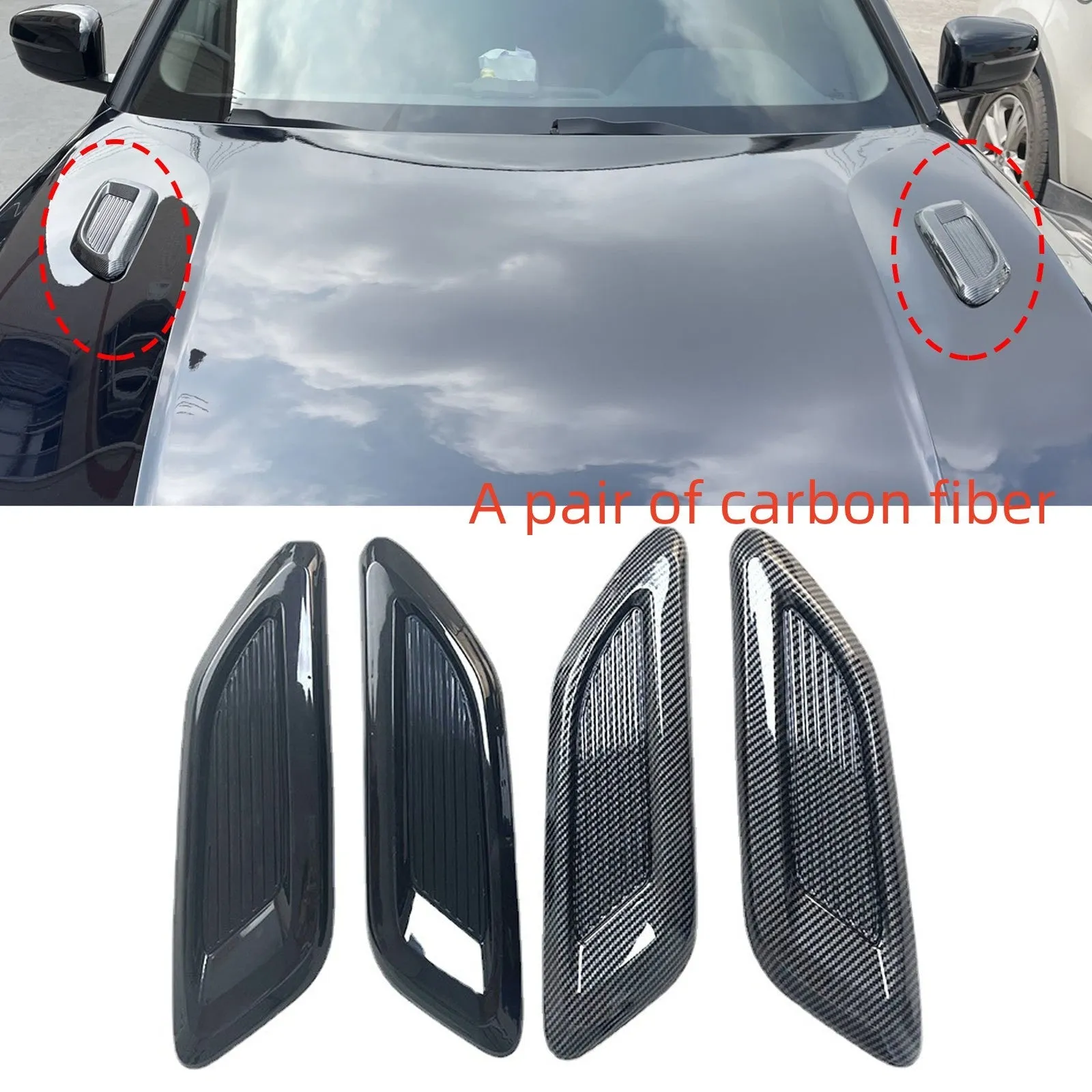ABS plastic car engine cover and side air vent decorative shroud set in black and carbon fibre finishes