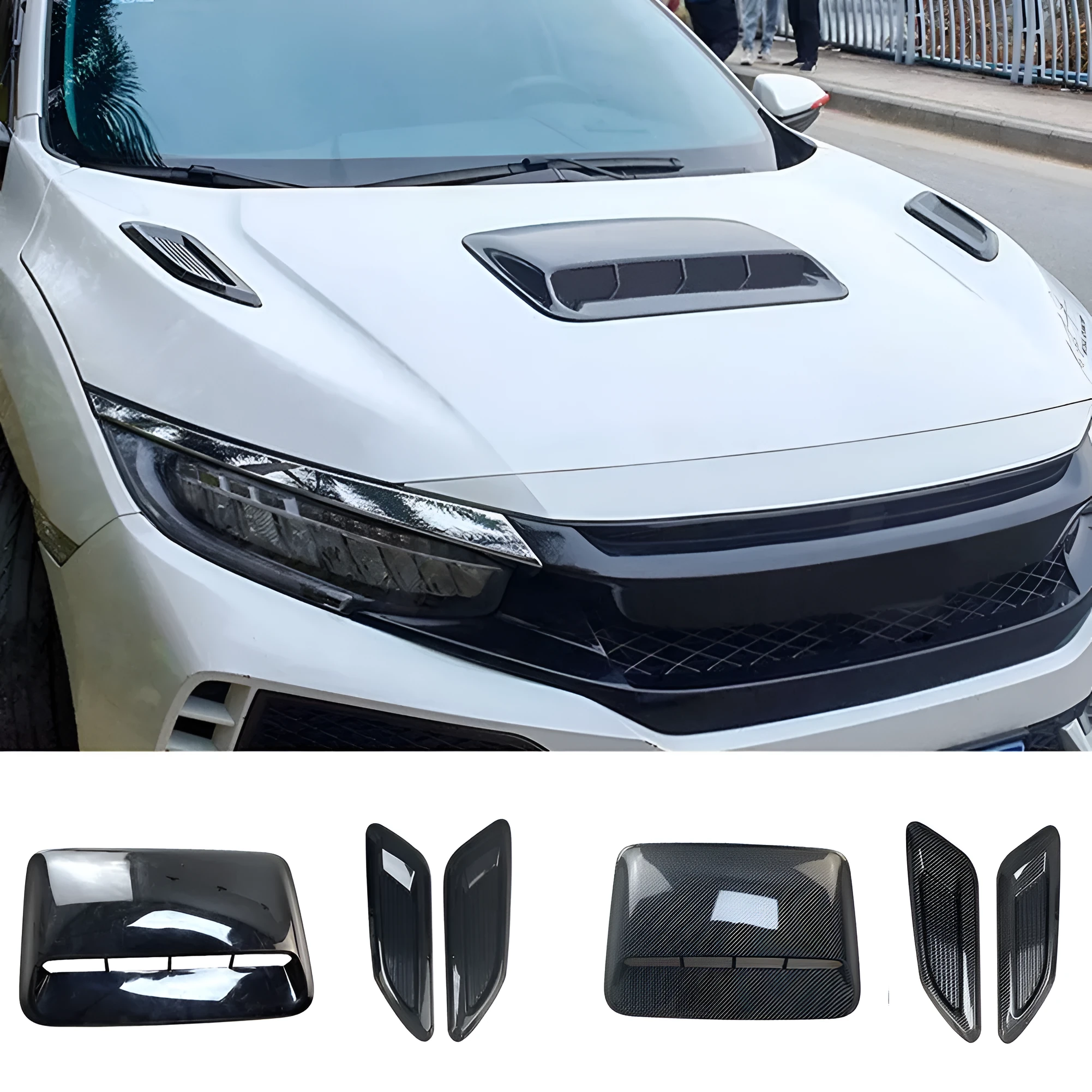ABS plastic car engine cover and side air vent decorative shroud set in black and carbon fibre finishes