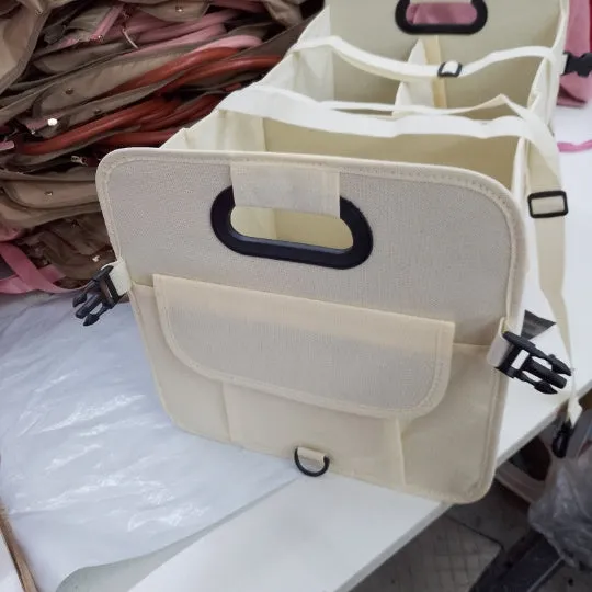 Black foldable fabric car boot storage box with handle and multiple compartments