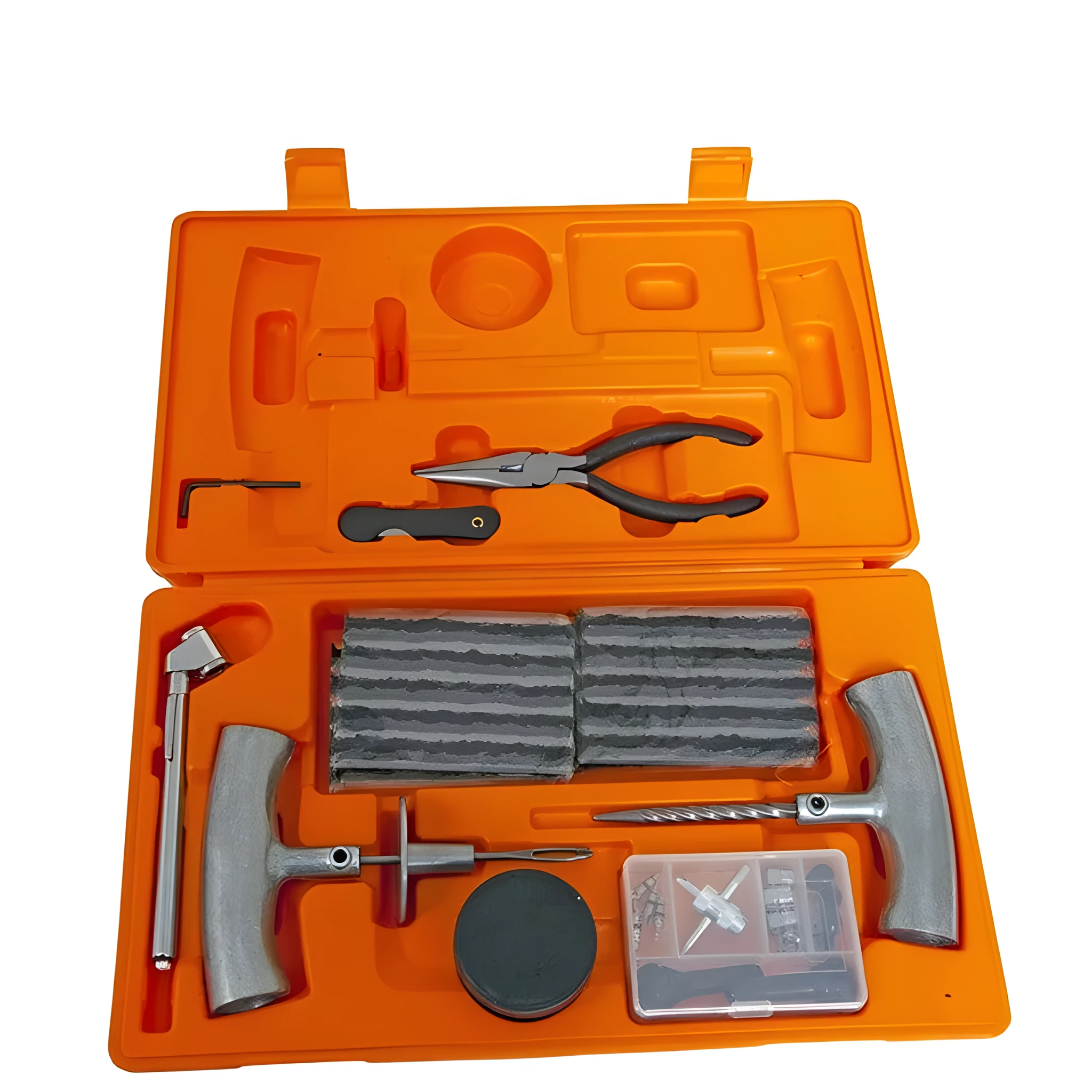 Emergency tyre repair tool set with spring steel insertion tool, reamer tool and pressure gauge in compact case