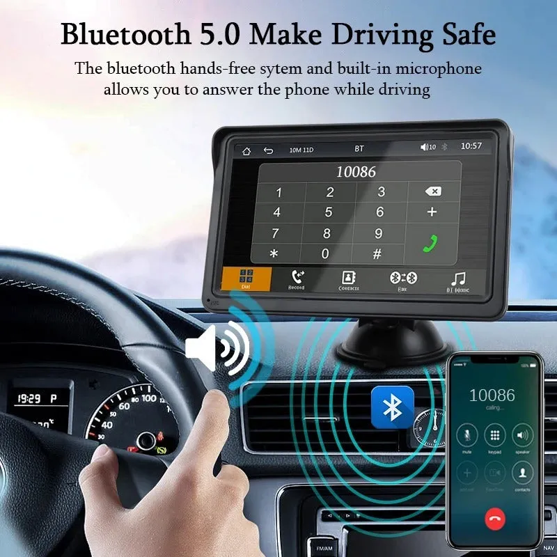 7-inch car display screen showing wireless CarPlay interface with 1024x600 HD resolution