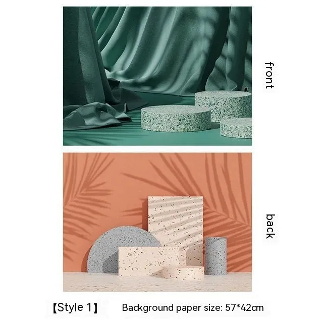 Double-sided marble texture photography background paper sheet showing two size options.