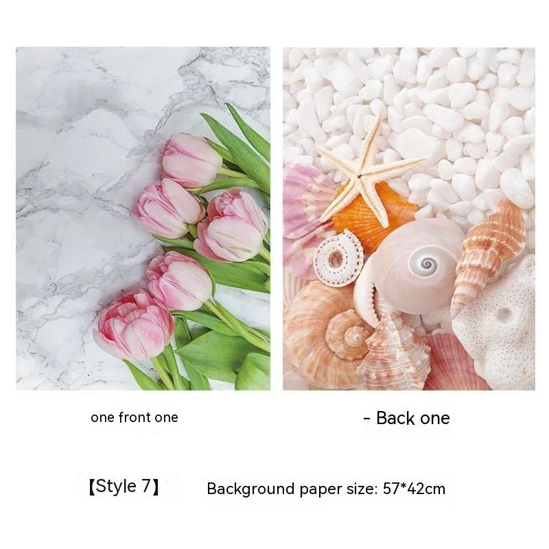 Double-sided marble texture photography background paper sheet showing two size options.
