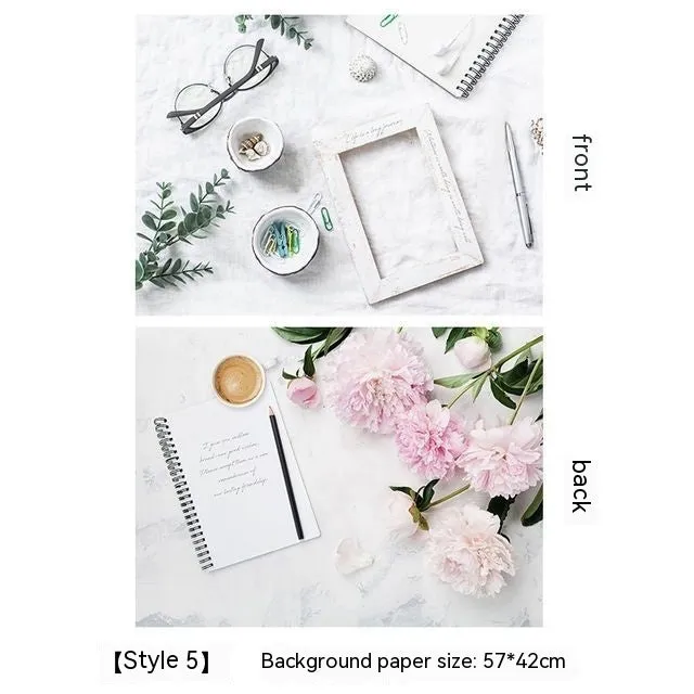 Double-sided marble texture photography background paper sheet showing two size options.