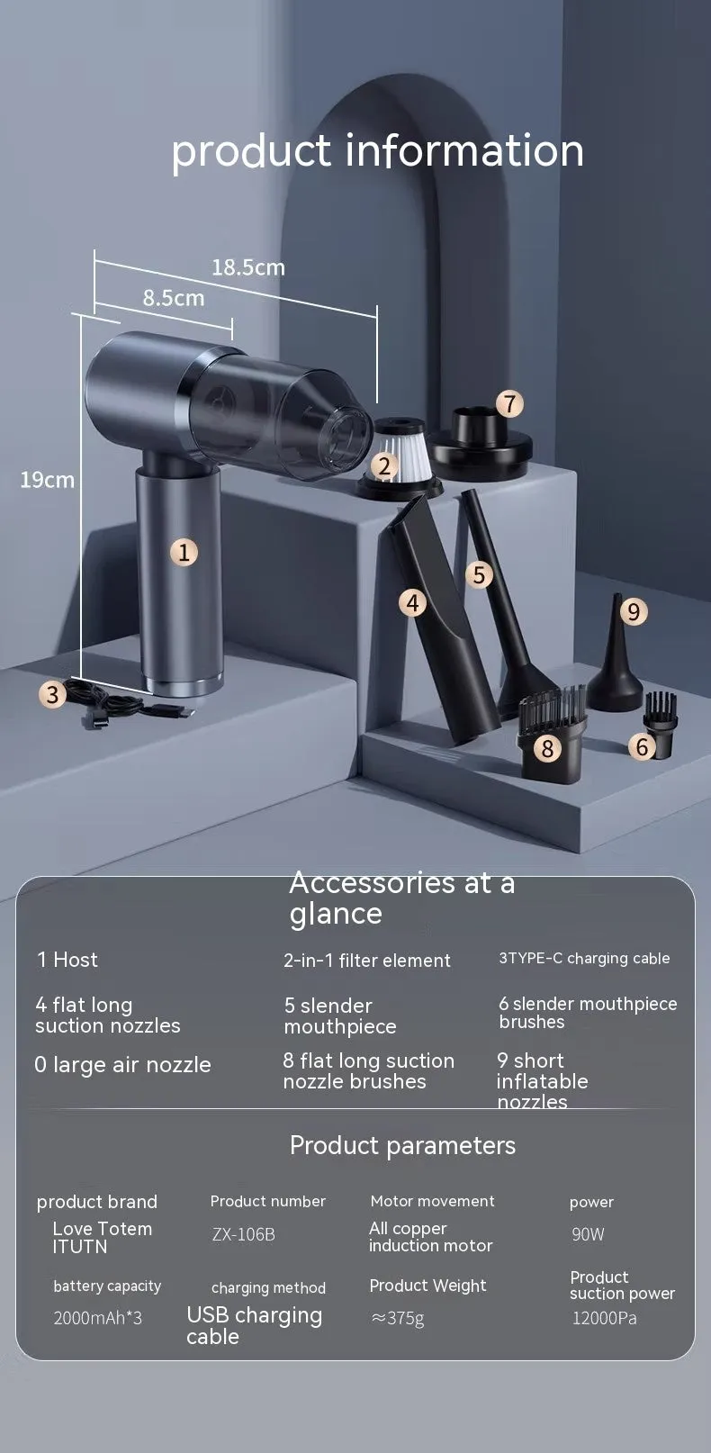 Handheld wireless car vacuum cleaner in space-like grey with dual blowing and suction functions