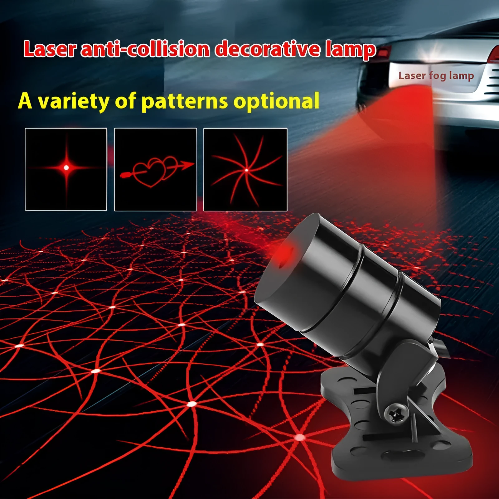Motorcycle laser fog light unit with aluminium housing projecting star pattern on road surface.