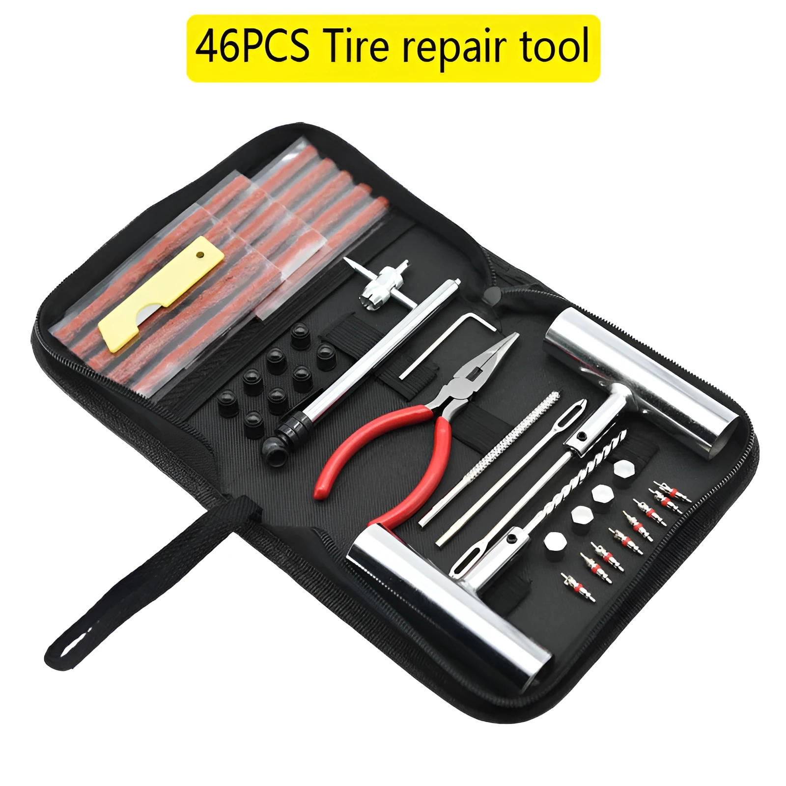 Quick first aid tyre repair kit with 43 steel tools in portable cloth storage bag