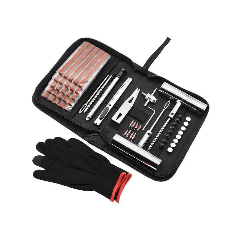 Quick first aid tyre repair kit with 43 steel tools in portable cloth storage bag