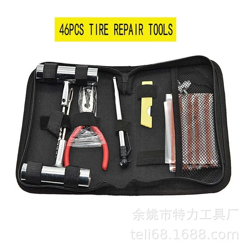 Quick first aid tyre repair kit with 43 steel tools in portable cloth storage bag