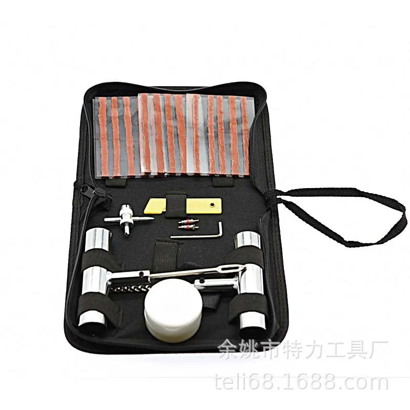 Quick first aid tyre repair kit with 43 steel tools in portable cloth storage bag