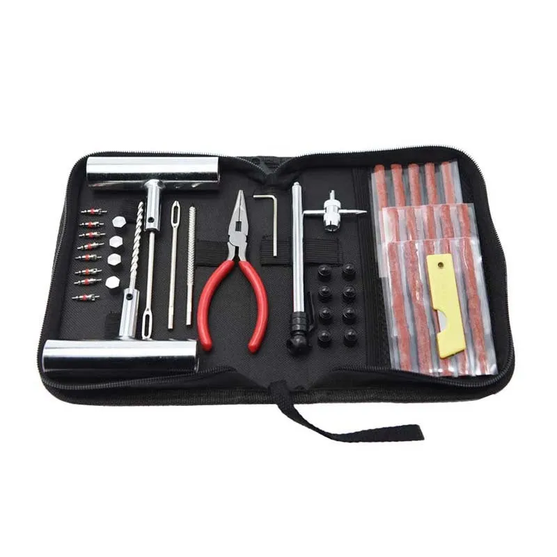 Quick first aid tyre repair kit with 43 steel tools in portable cloth storage bag