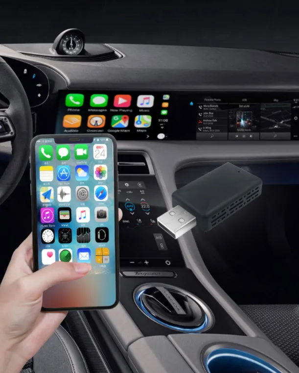 Black 2-in-1 wireless car adapter with aluminum alloy construction and USB connector
