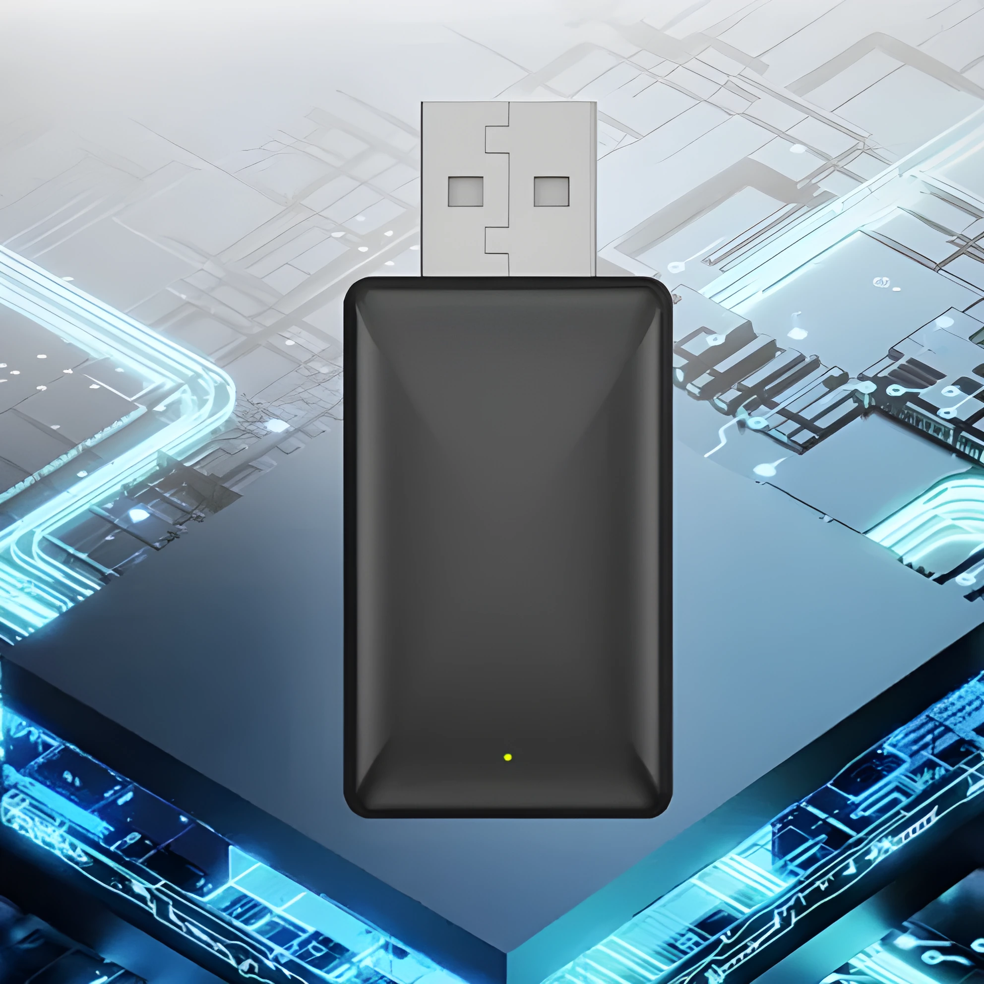 Black 2-in-1 wireless car adapter with aluminum alloy construction and USB connector