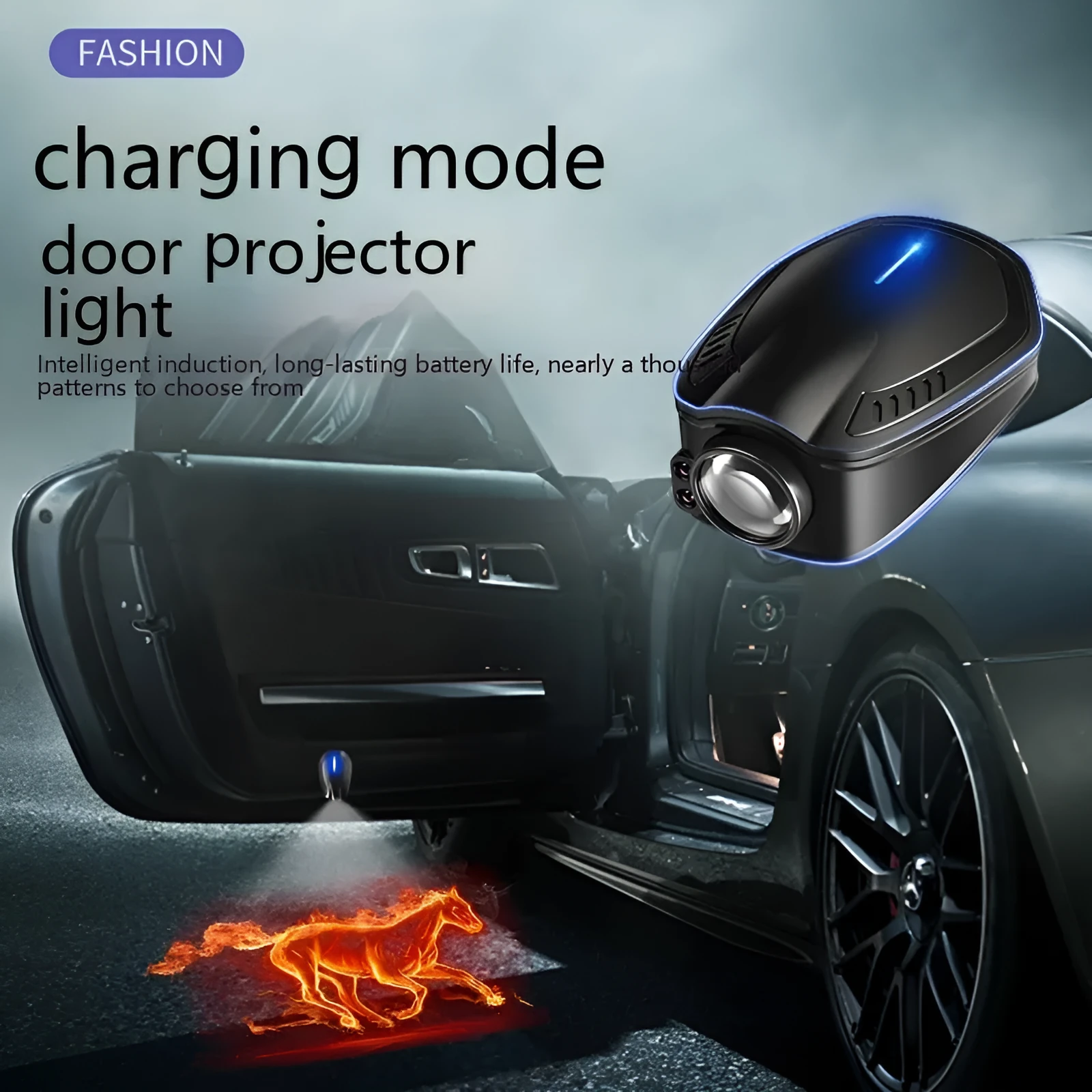 Black F2 rechargeable wireless car welcome light made of ABS plastic.
