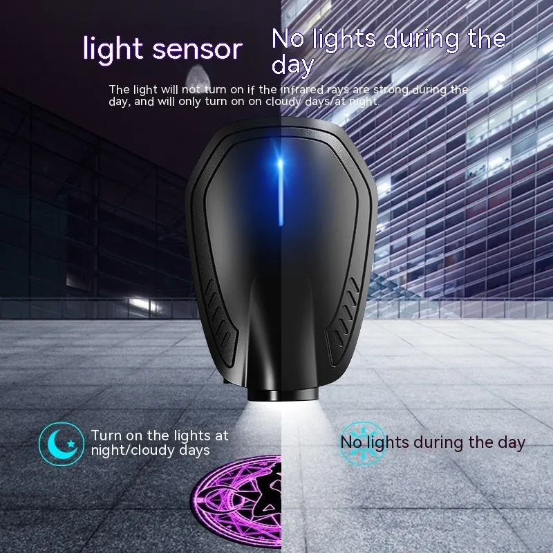 Black F2 rechargeable wireless car welcome light made of ABS plastic.