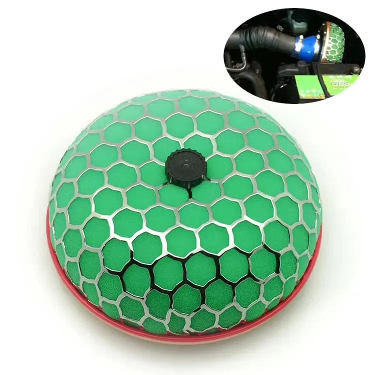 Aluminium mushroom air filter with coloured housing and washable sponge insert for car modification.