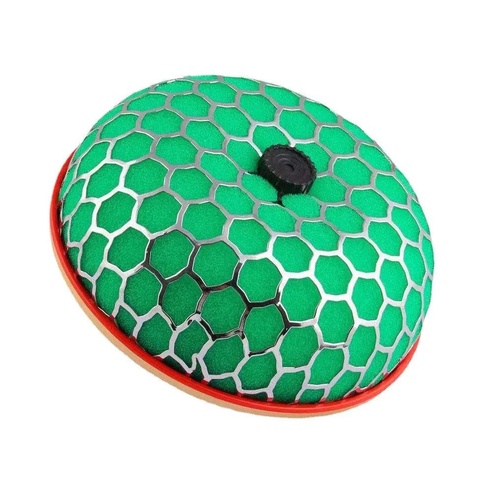Aluminium mushroom air filter with coloured housing and washable sponge insert for car modification.