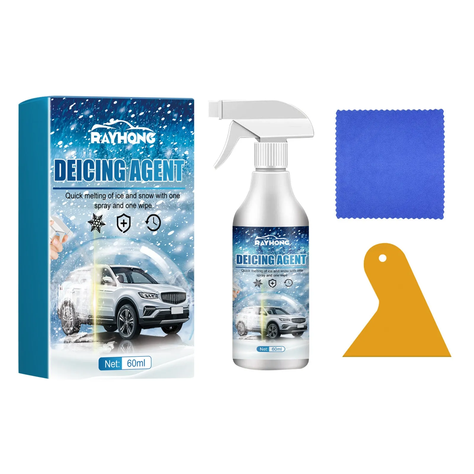 60ml winter car glass ice melting spray bottle with cloth scraper for windscreen defrosting