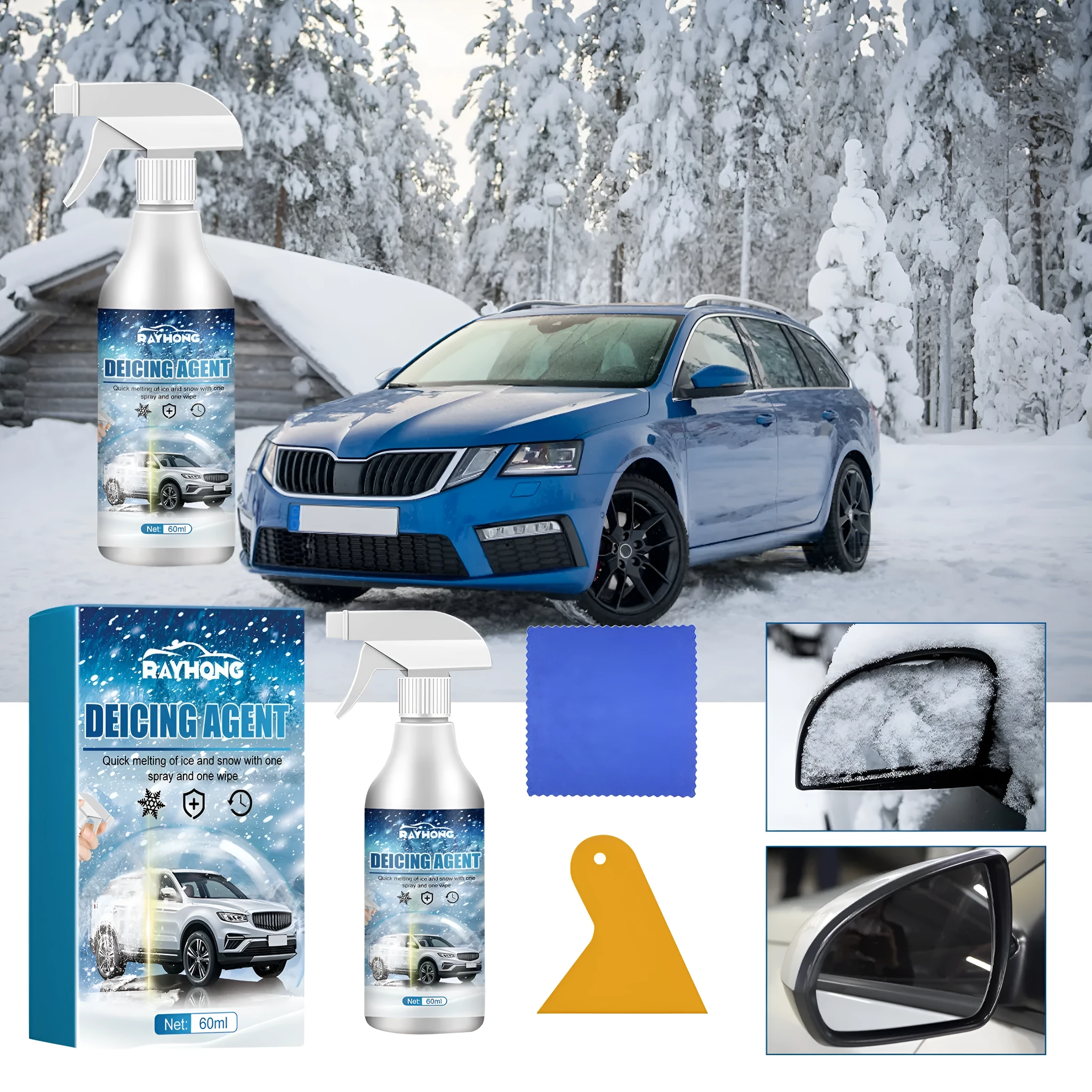 60ml winter car glass ice melting spray bottle with cloth scraper for windscreen defrosting