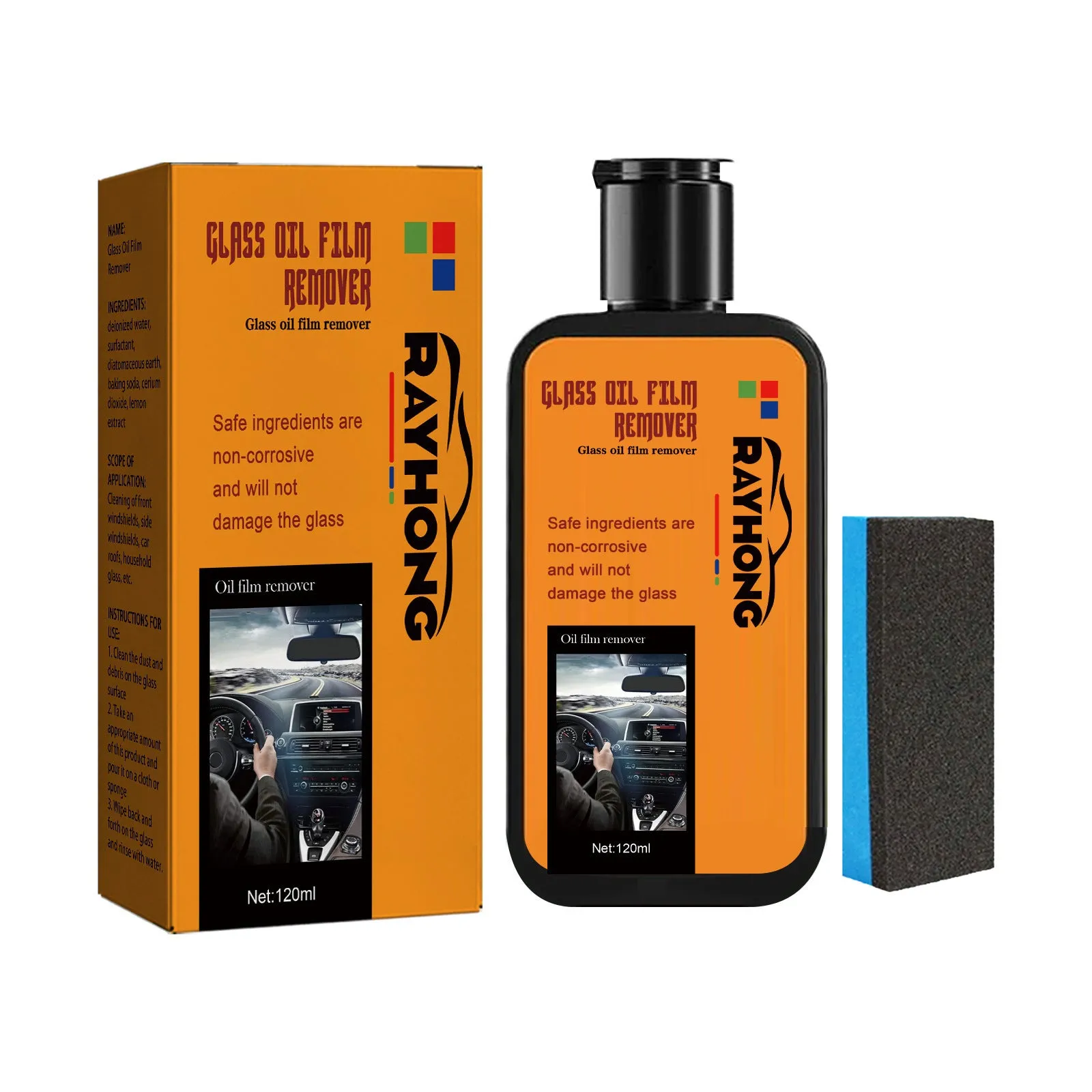120ml car window glass oil film remover spray bottle with separate cleaning sponge
