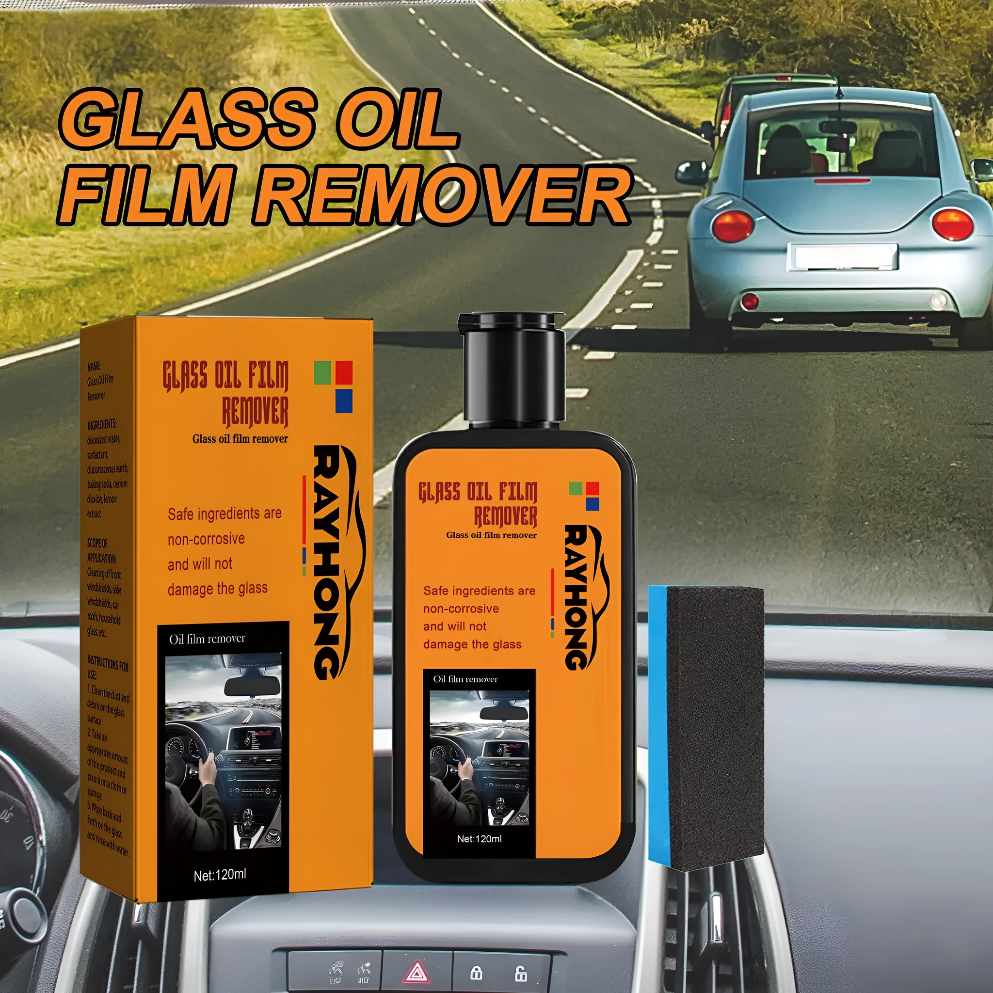 120ml car window glass oil film remover spray bottle with separate cleaning sponge